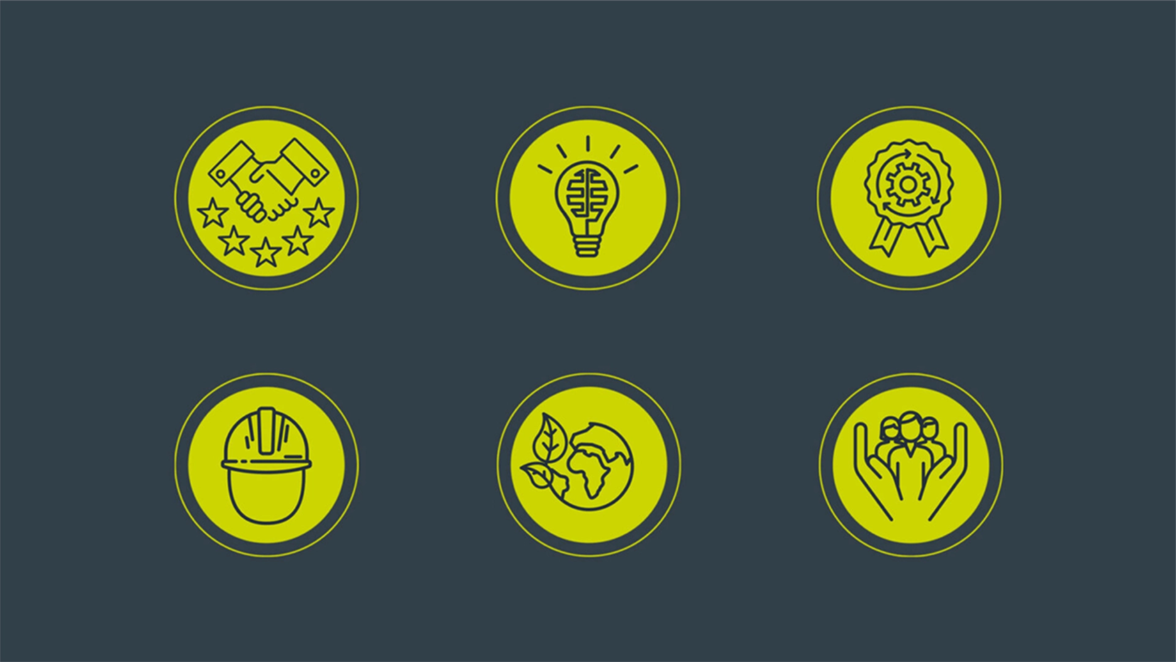 Six yellow circular line icons on a dark navy background, representing partnership, innovation, operational excellence, safety, sustainability and community