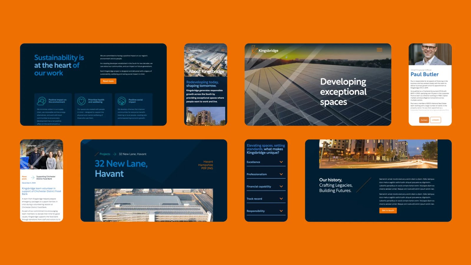 A collection of screenshots, both desktop and mobile from the Kingsbridge website on an orange background.