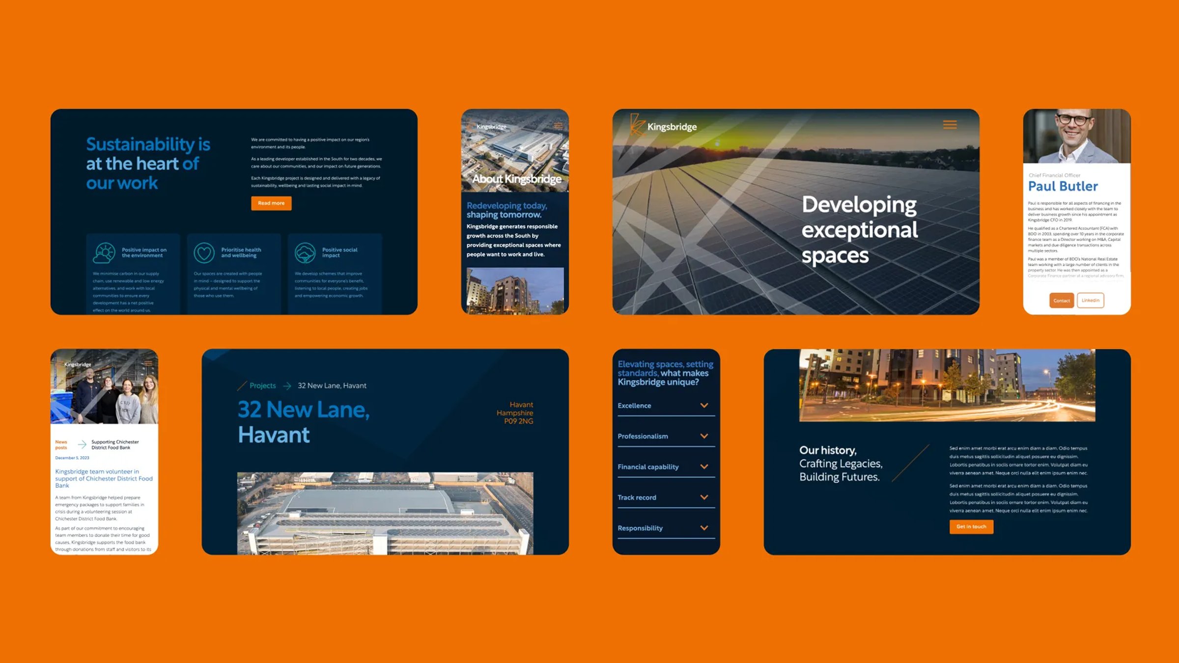 A collection of screenshots, both desktop and mobile from the Kingsbridge website on an orange background.