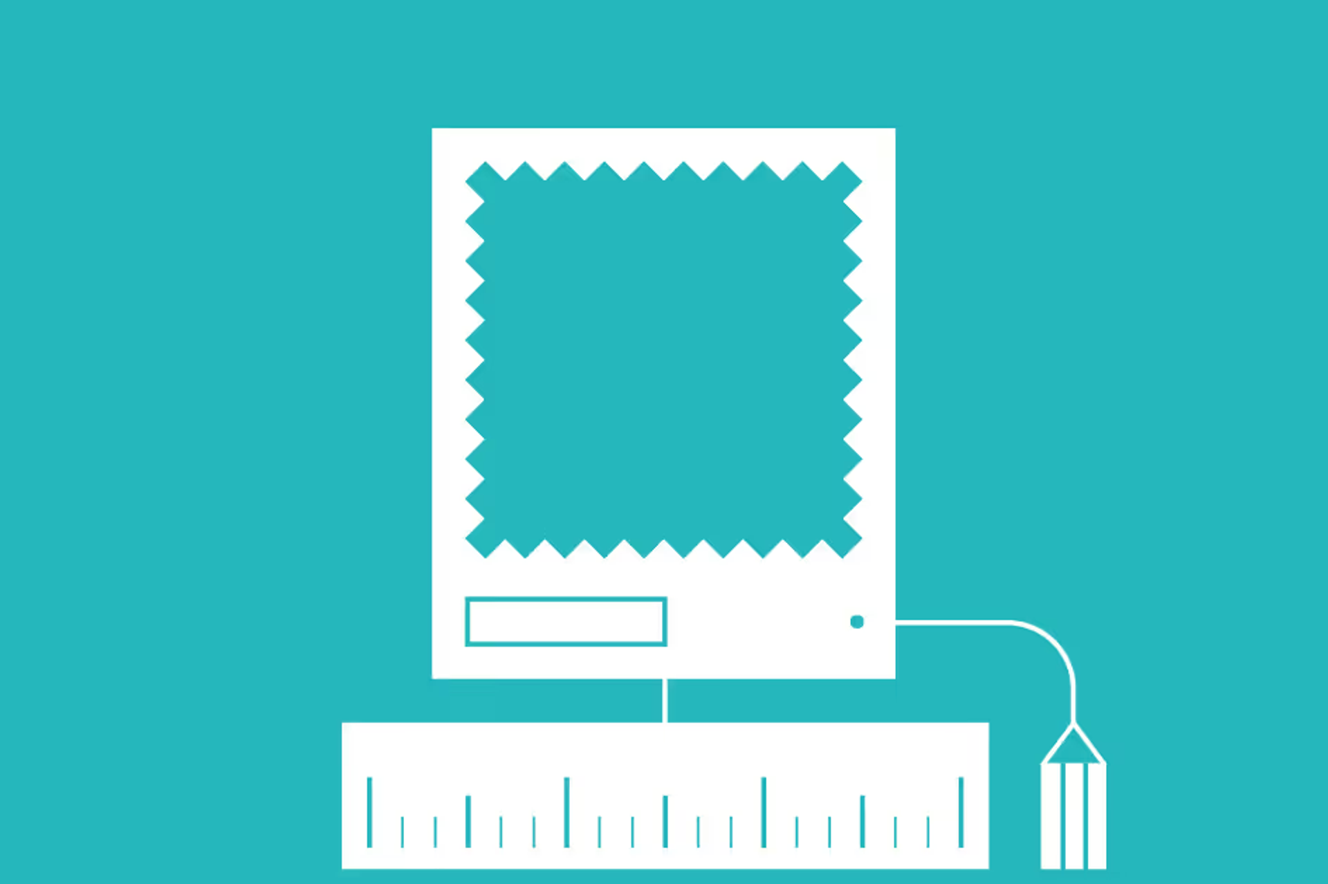 An illustration of a website section with a ruler and pencil underneath, in white on a blue background