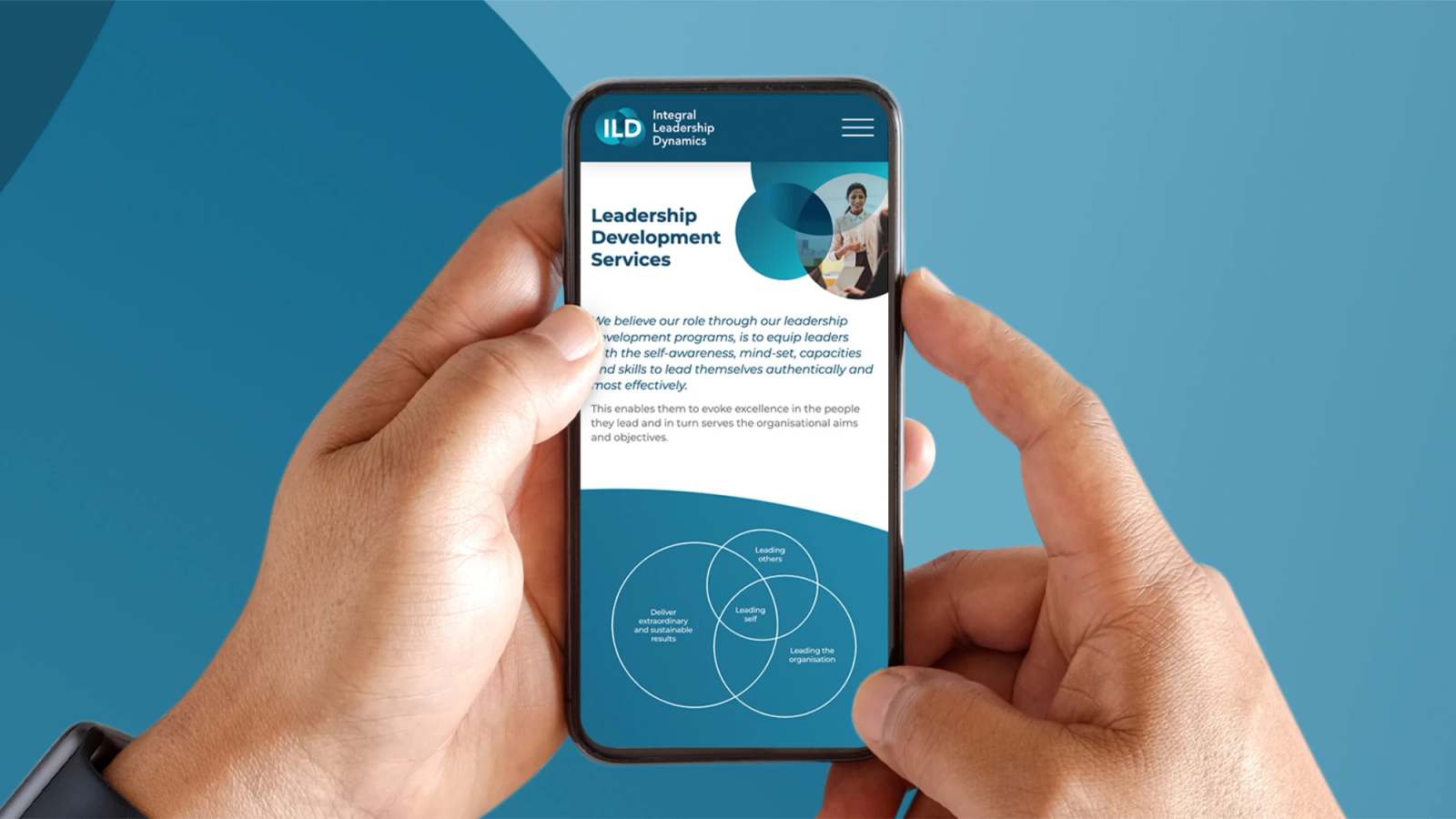 A mobile phone displaying the Integral Leadership Dynamics website's Leadership Development Services page with a three-circle diagram