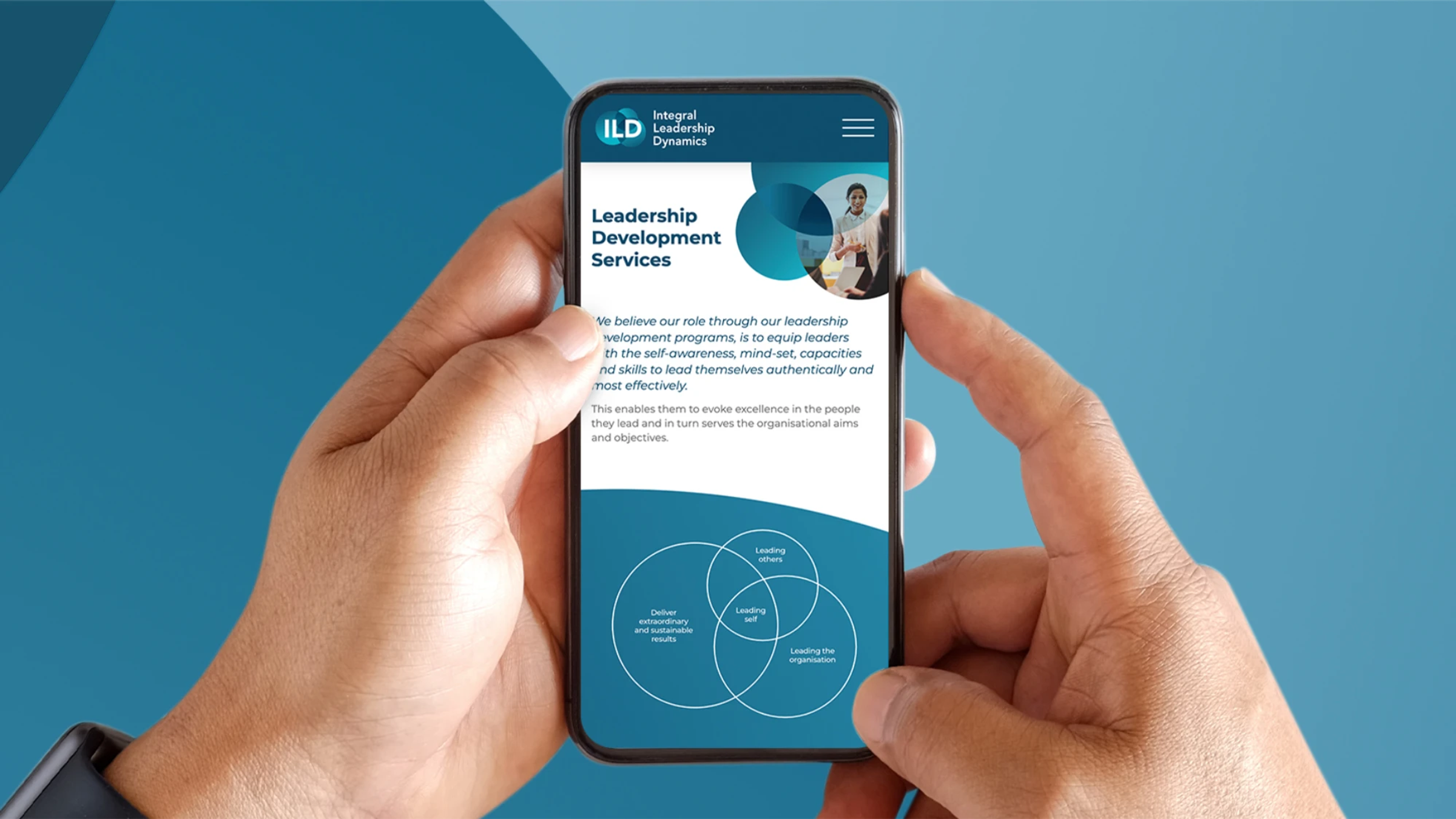 A mobile phone displaying the Integral Leadership Dynamics website's Leadership Development Services page with a three-circle diagram