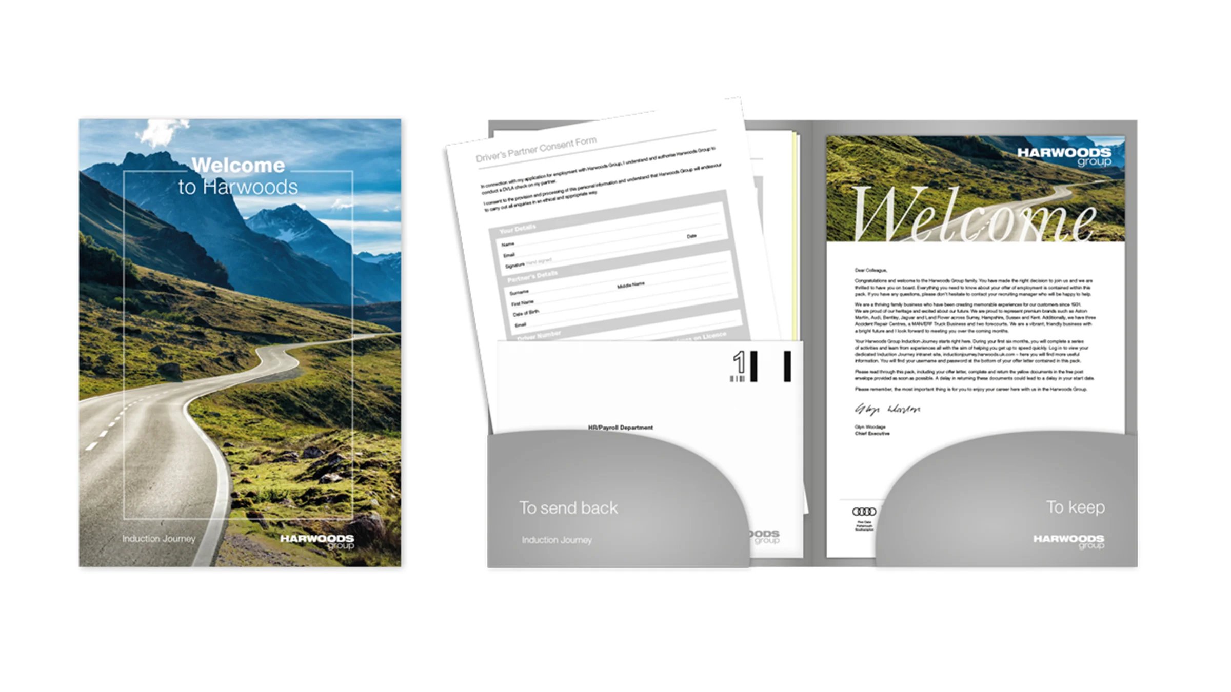 Welcome to Harwoods induction folder with a mountain road cover, open to show a Driver's Partner Consent Form and welcome letter