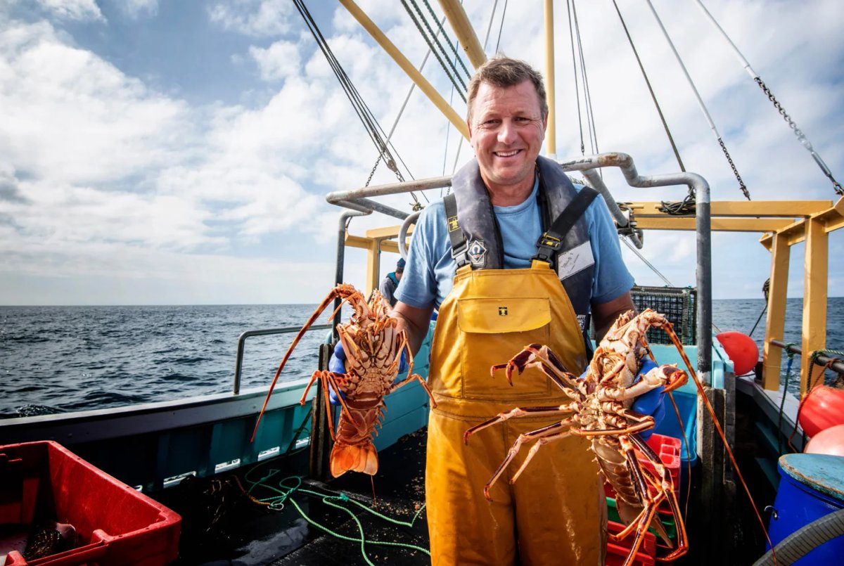 A fisherman's gloved hands sorting a net on the deck of a trawler at sea, with the ship's wheel visible alongside