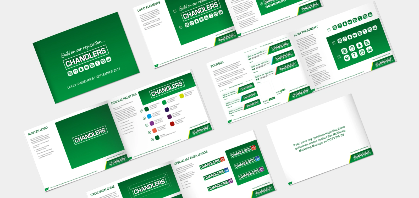 A collage of pages from the Chandlers logo guidelines, including colour palettes, icon treatment, footers and specialist area logos