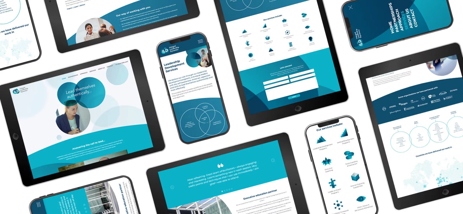 The Integral Leadership Dynamics website displayed across multiple tablet and mobile screens, showing leadership pages, partner logos, and a world map of countries served