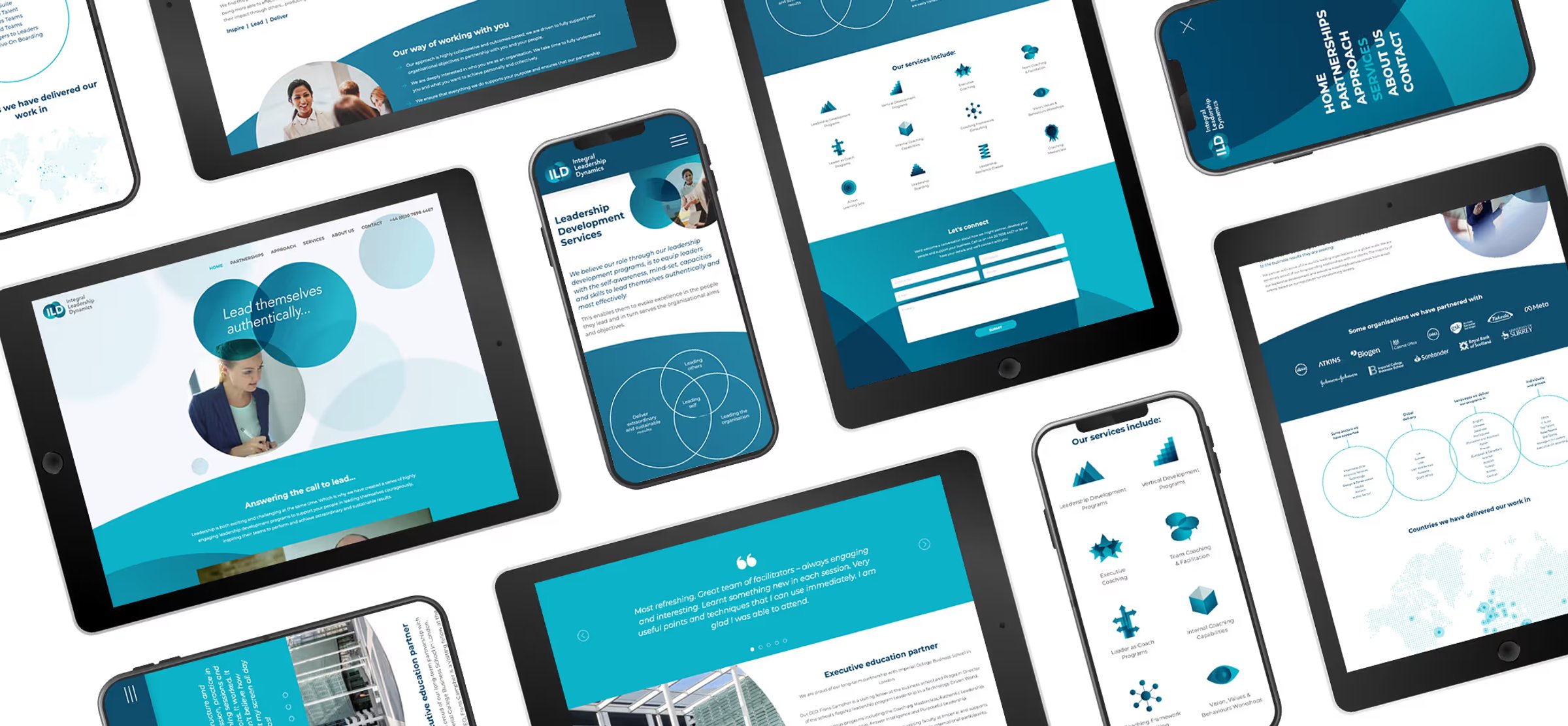 The Integral Leadership Dynamics website displayed across multiple tablet and mobile screens, showing leadership pages, partner logos, and a world map of countries served