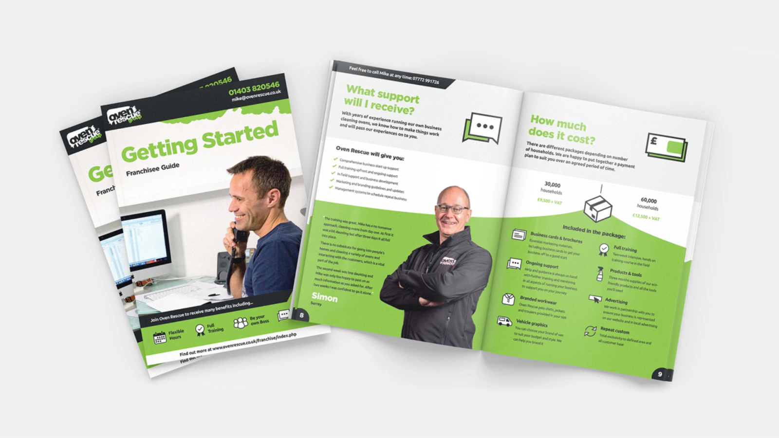 Oven Rescue 'Getting Started' franchisee guide booklets, open to a spread about franchise support and pricing
