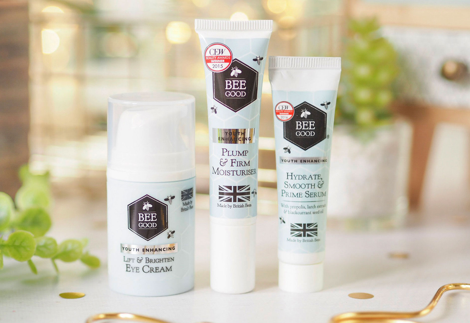 A trio of Bee Good Cosmetics products