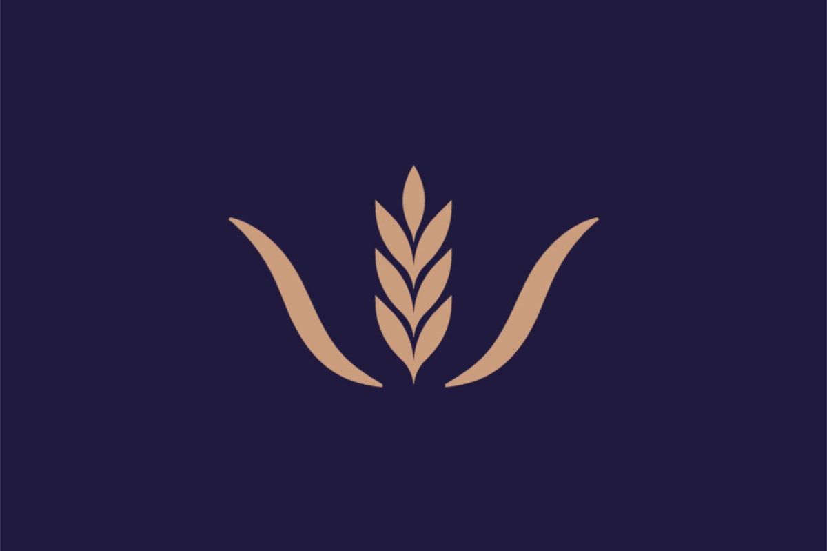 A minimalist tan wheat stalk logo on a dark navy blue background for Whipley Manor Farm.