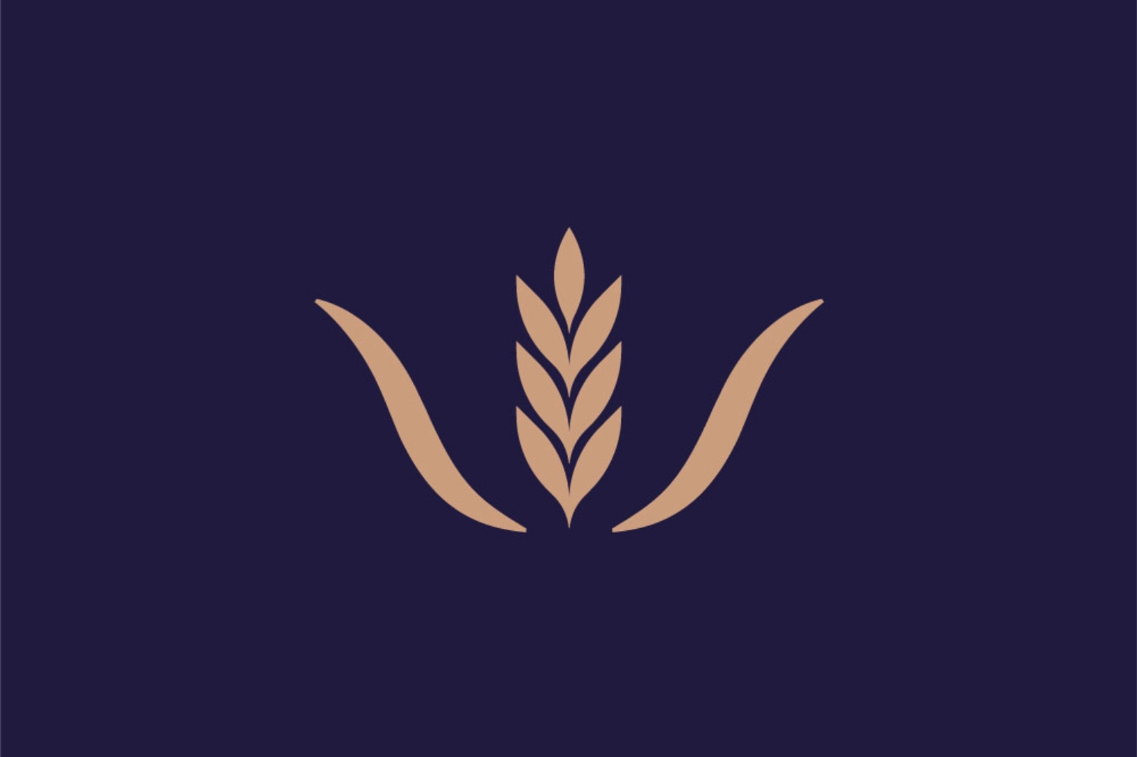A minimalist tan wheat stalk logo on a dark navy blue background for Whipley Manor Farm.