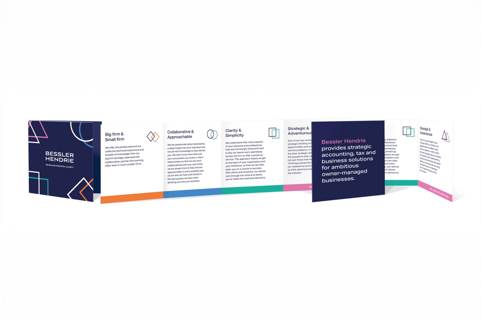 An unfolded Bessler Hendrie brochure showing panels for Big firm & Small firm, Collaborative & Approachable, Clarity & Simplicity, and Strategic & Adventurous