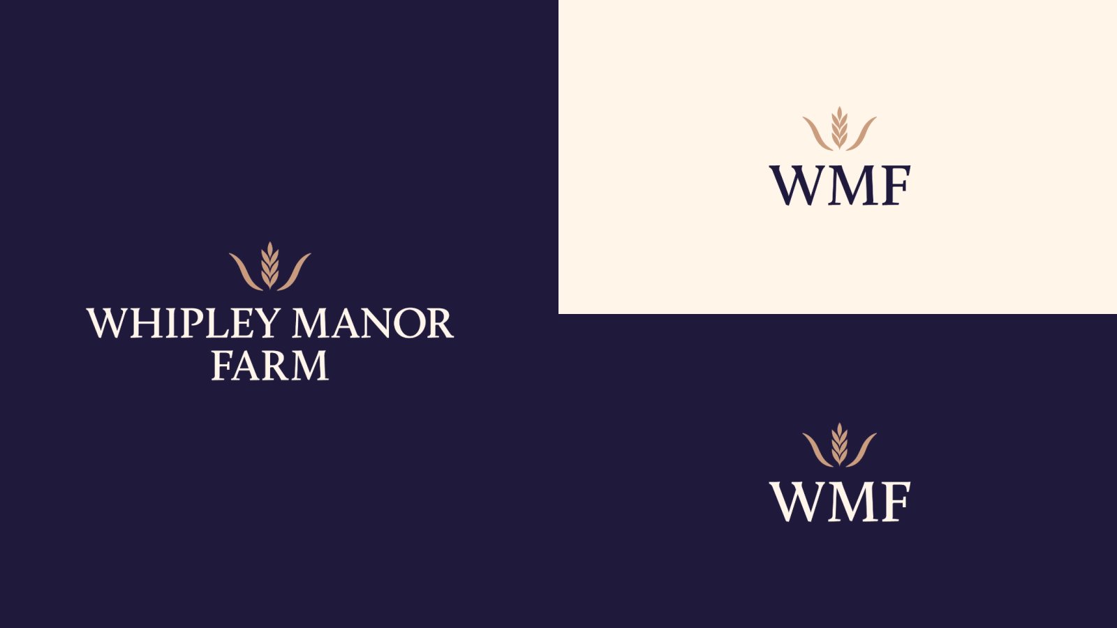 Three Whipley Manor Farm logo lockups showing the full name and WMF initials on navy and cream backgrounds.