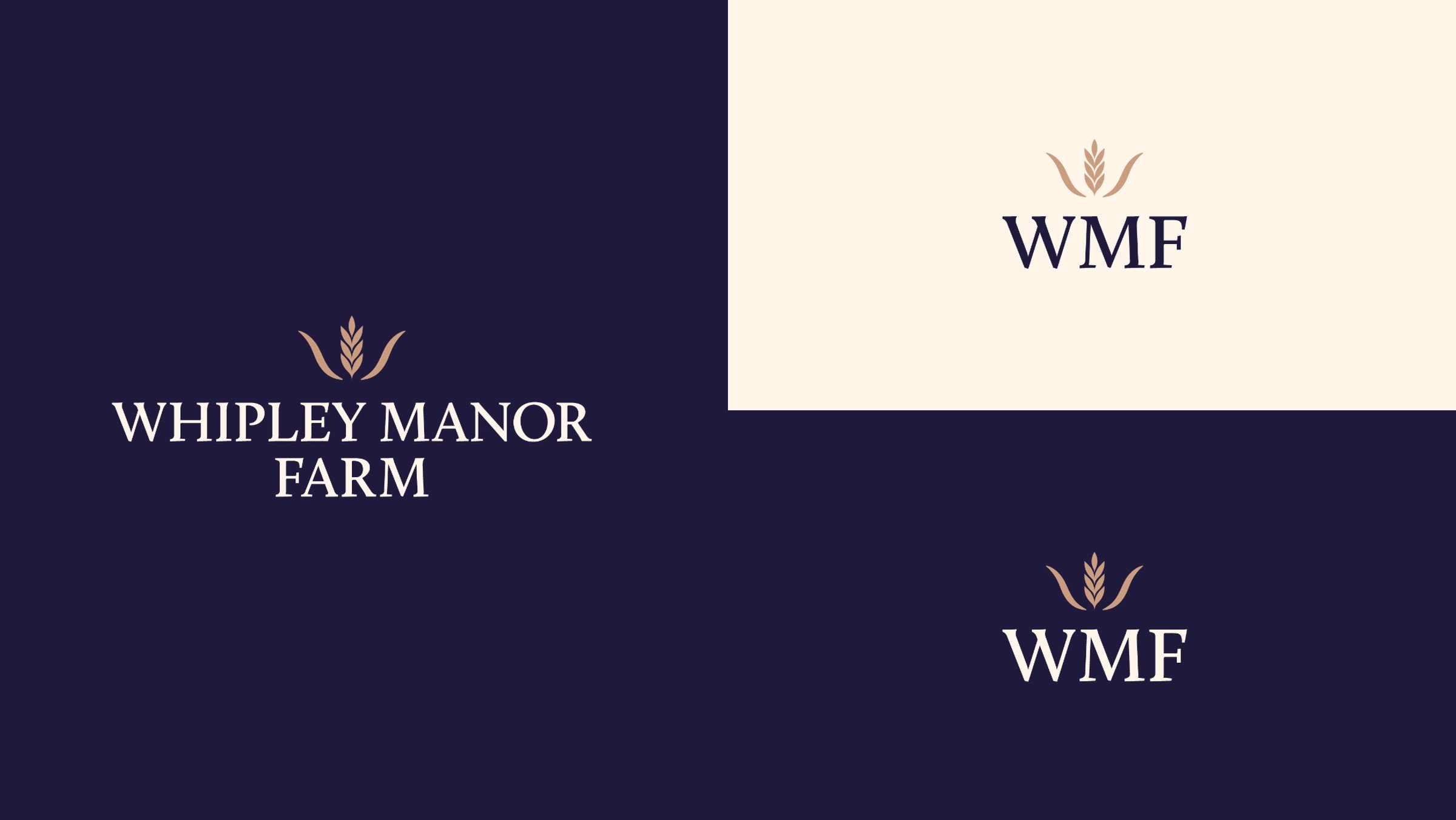 Three Whipley Manor Farm logo lockups showing the full name and WMF initials on navy and cream backgrounds.