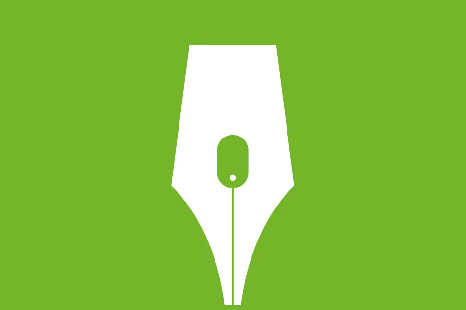 The nib of a fountain pen silhouetted in white on a green background