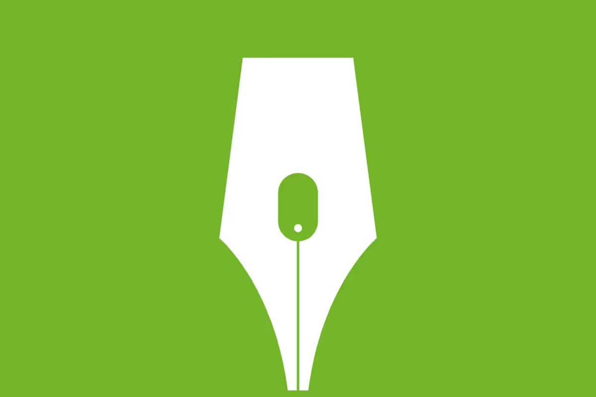The nib of a fountain pen silhouetted in white on a green background