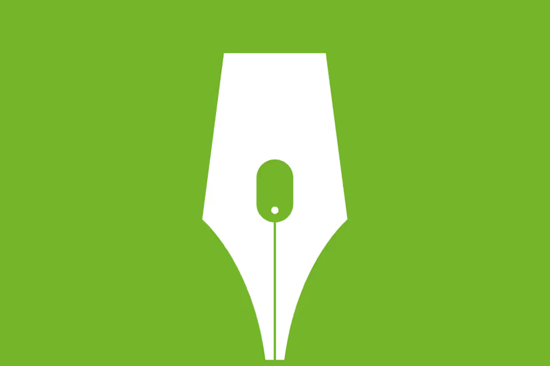 The nib of a fountain pen silhouetted in white on a green background