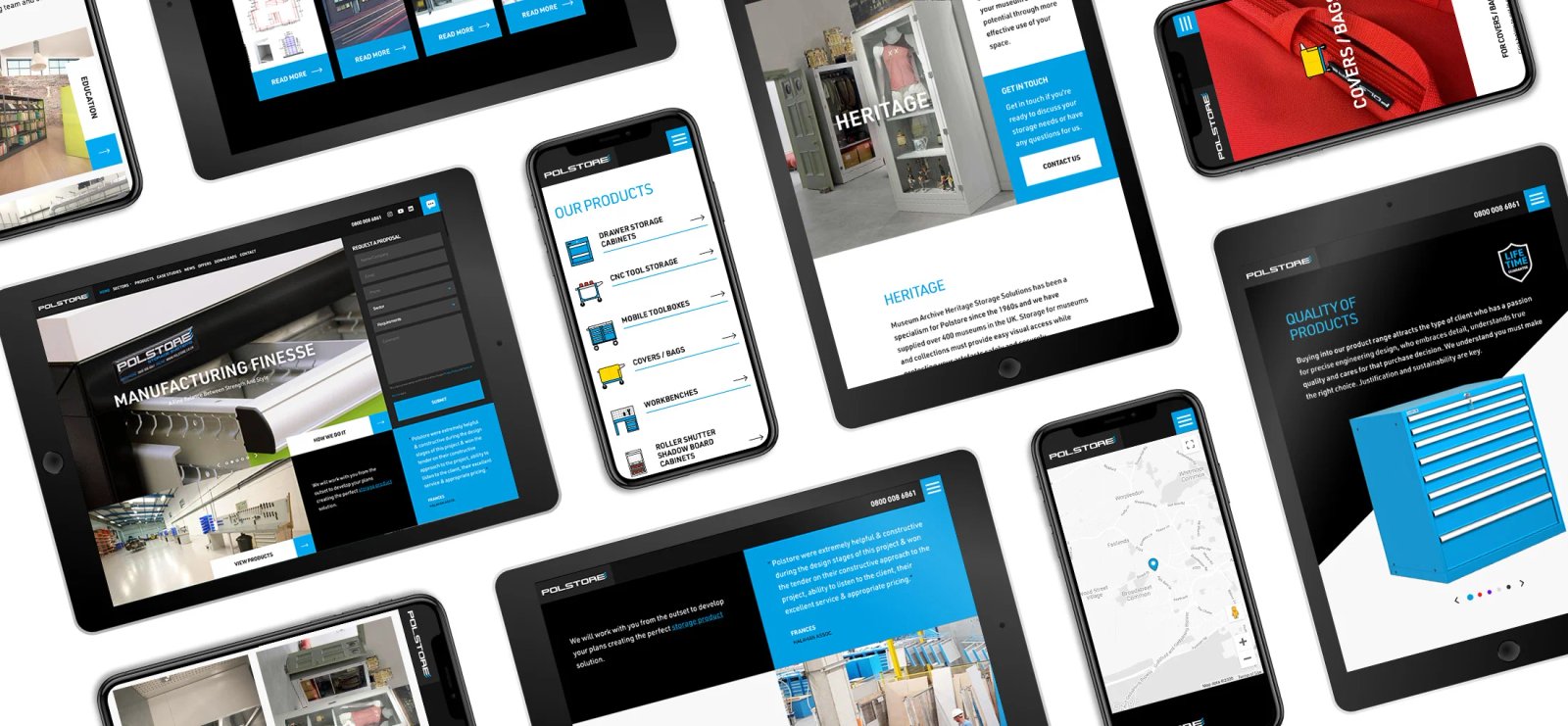 A collage of tablets and phones showing pages from the Polstore website, including products, sectors, heritage and location pages