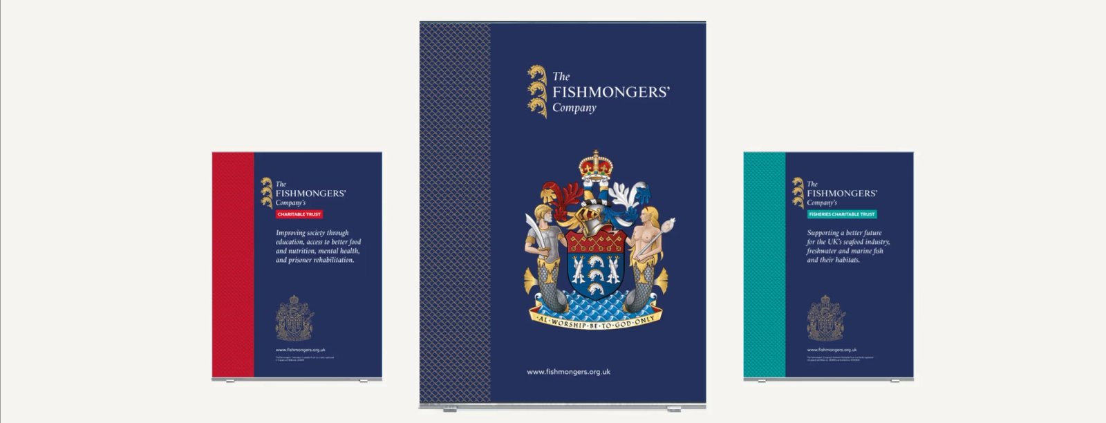 Three covers in various styles of Fishmongers' branding