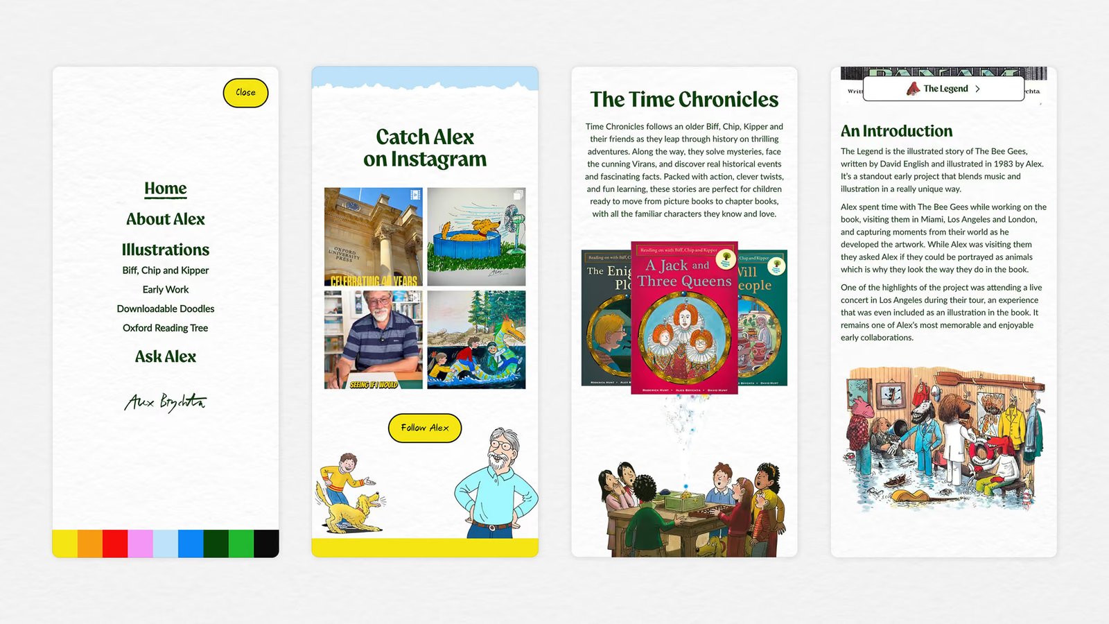 Mobile screens from the Alex Brychta website showing the navigation menu, Instagram feed, Time Chronicles book series, and About page