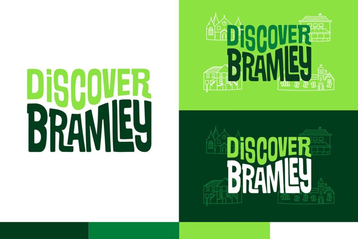 Brand guidelines page showing the Discover Bramley wordmark logo in three colour variations: full colour on white, reversed on light green with village building line art, and reversed on dark green with village building line art