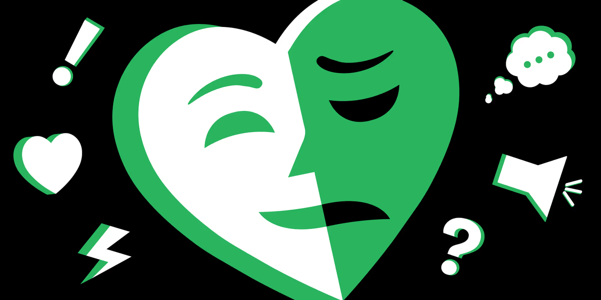 A heart shape with a sad and happy face in the Silverback brand colours
