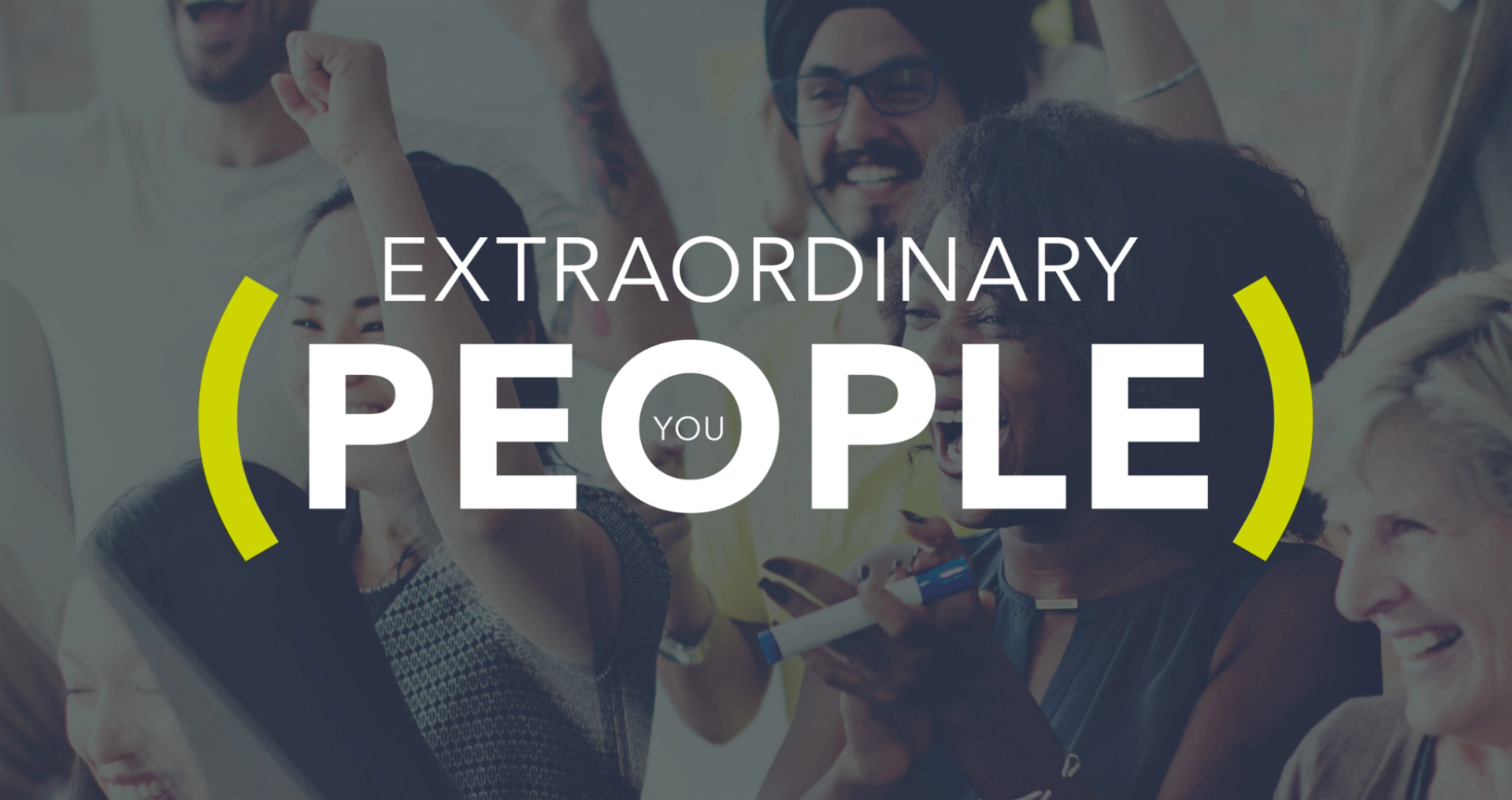 The Extraordinary People logo over a darkened photo of colleagues celebrating with raised arms