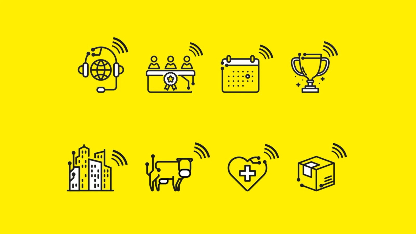Eight black line icons on yellow representing customer support, certification, scheduling, awards, smart cities, livestock tracking, healthcare and logistics