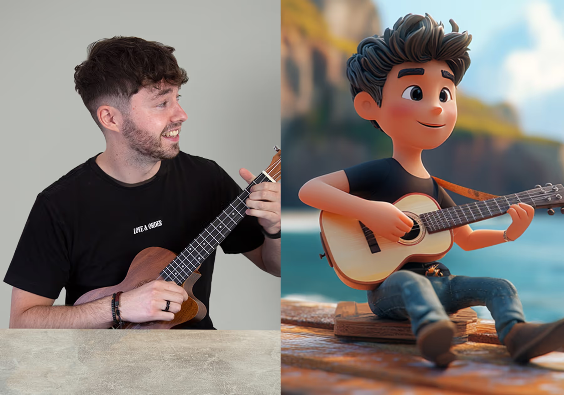 A man playing the ukelele and an AI generated image of the same man playing the ukulele