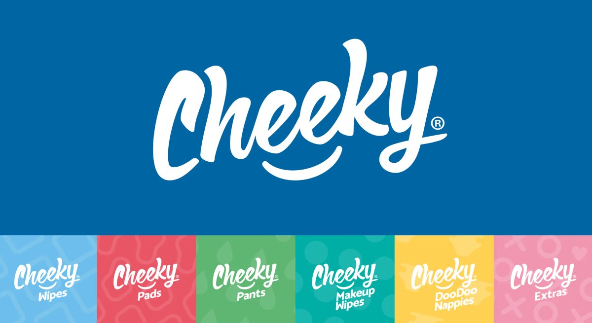 The Cheeky logo on a blue background, above six colour-coded sub-brand logos for Wipes, Pads, Pants, Makeup Wipes, DooDoo Nappies and Extras