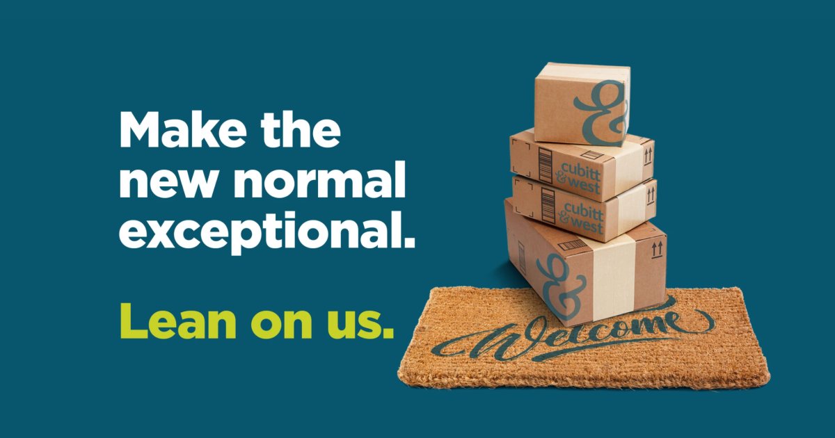 Cubitt & West branded boxes stacked on a welcome mat, with the text 'Make the new normal exceptional. Lean on us.'
