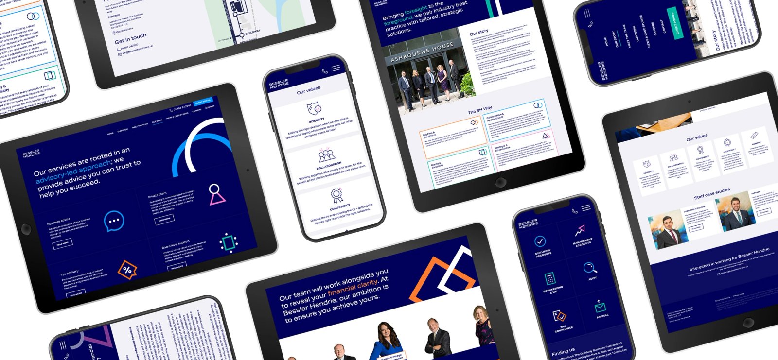 A collage of tablets and phones showing different pages of the Bessler Hendrie website, including the homepage, our story, our values and staff case studies