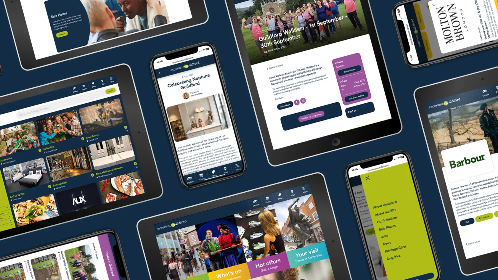 A collection of different mobile devices displaying the Experience Guildford app to demonstrate responsive design and development