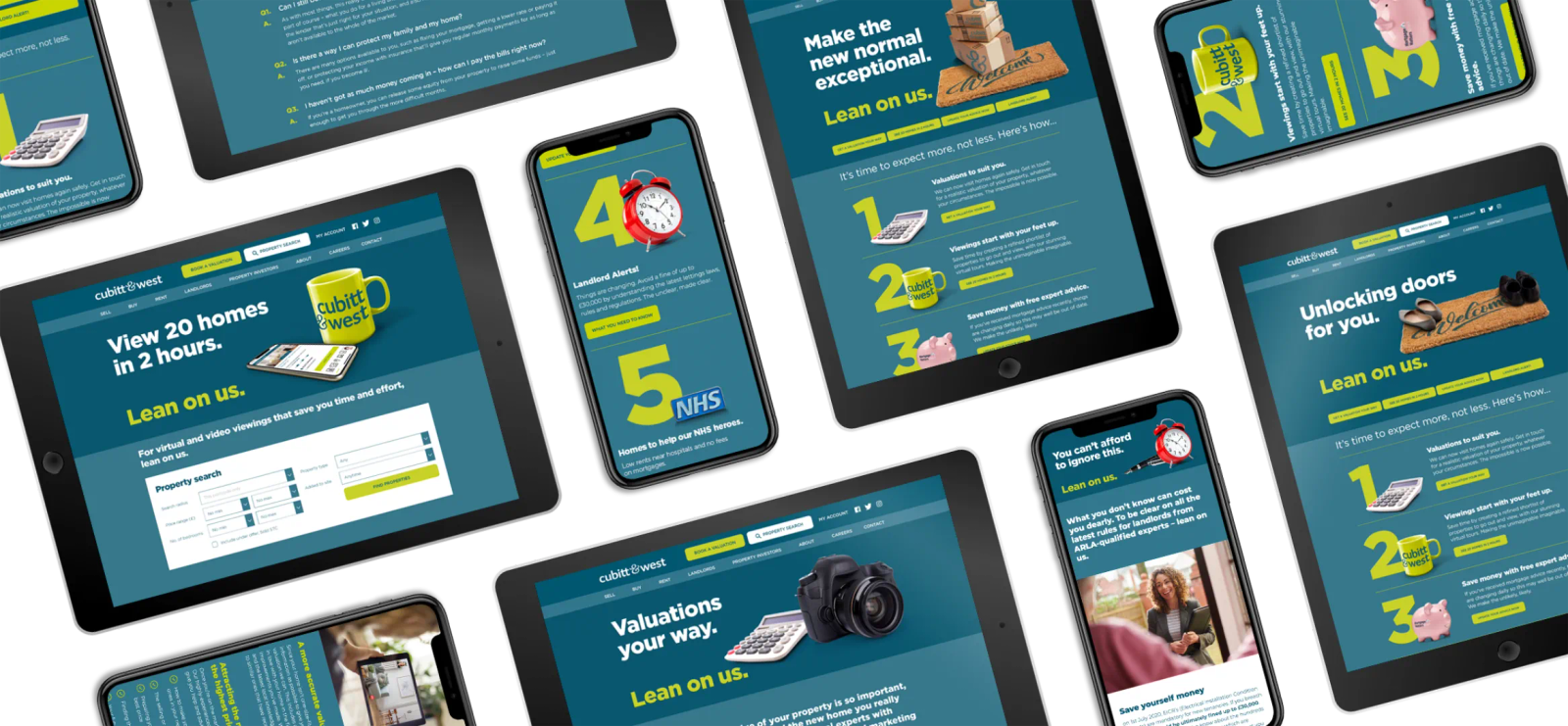 A collage of tablets and phones showing various Cubitt & West marketing pages, including property search, landlord alerts and 'lean on us' campaign graphics