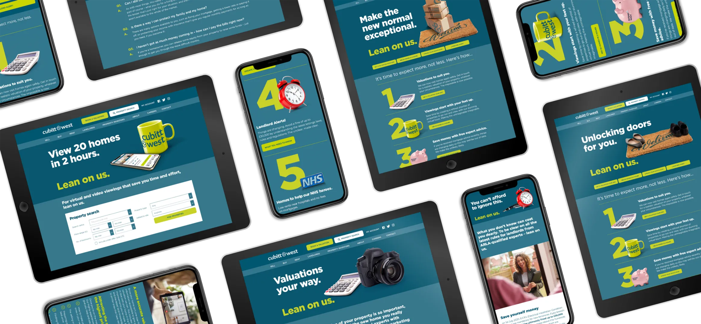 A collage of tablets and phones showing various Cubitt & West marketing pages, including property search, landlord alerts and 'lean on us' campaign graphics