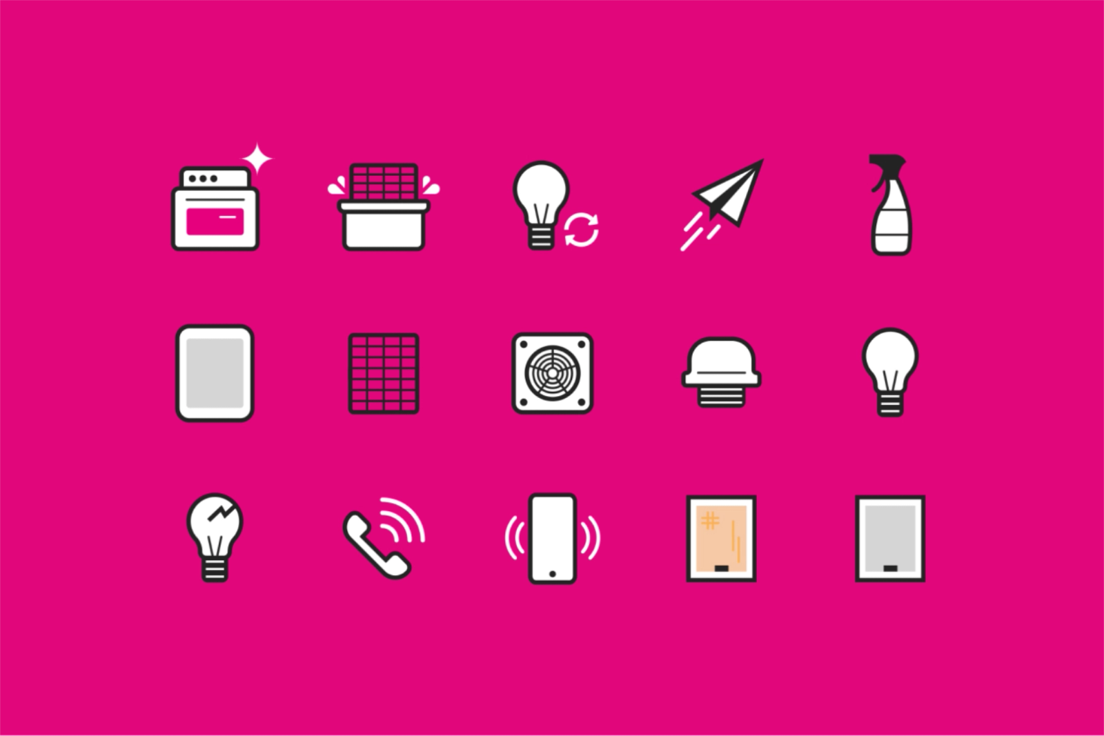 A set of line icons on a pink background representing oven cleaning services, including ovens, filters, fans, and contact icons