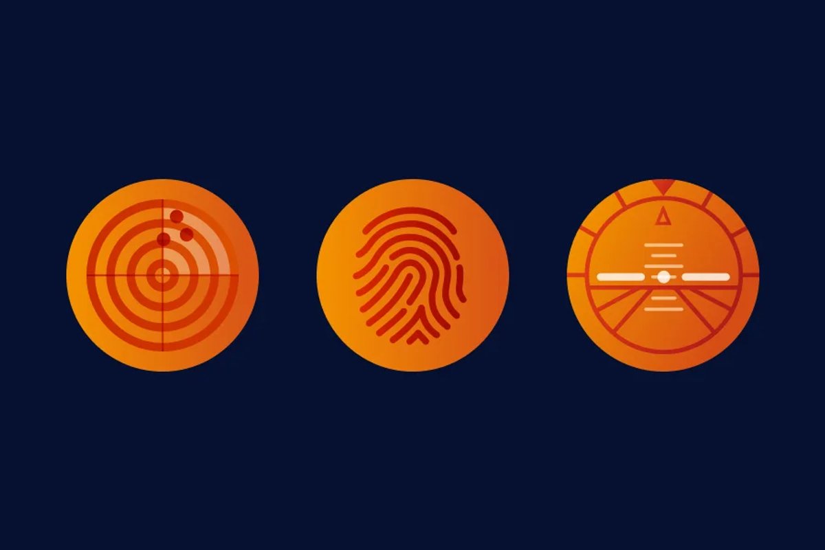Three icon illustrations for Mandy Hickson showing target, fingerprint and circular motifs in orange tones