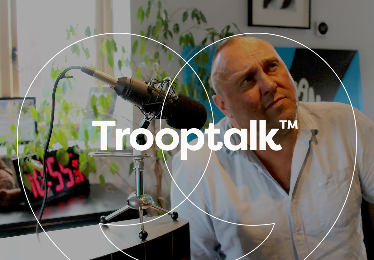 Malcolm Gilbertson and a microphone, with speech mark graphic that says Trooptalk