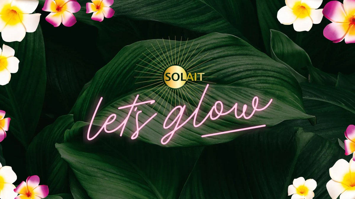 Solait logo on a leafy green background with tropical flowers around the edge and the neon typography that reads 'Let's glow'