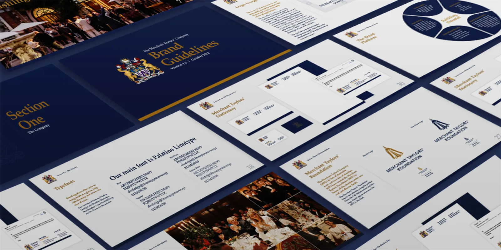 Merchant Taylors brand guidelines pages on a dark blue background.