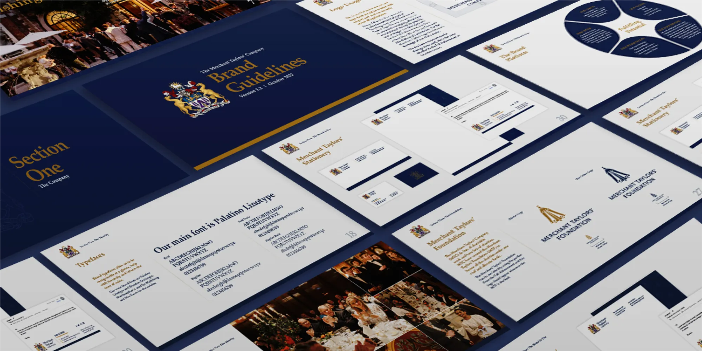 Merchant Taylors brand guidelines pages on a dark blue background.