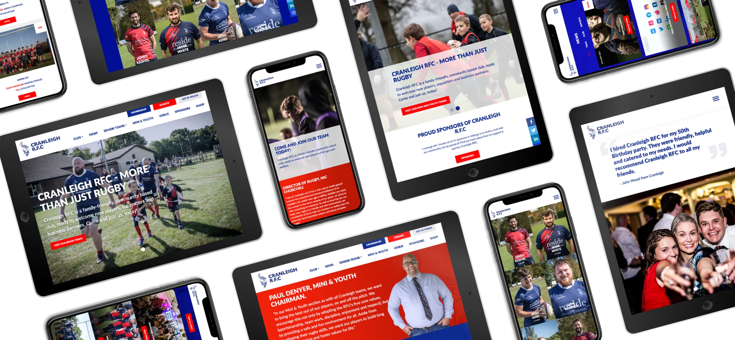 The Cranleigh RFC website displayed across multiple tablet and mobile screens, showing the homepage, sponsors, and team pages