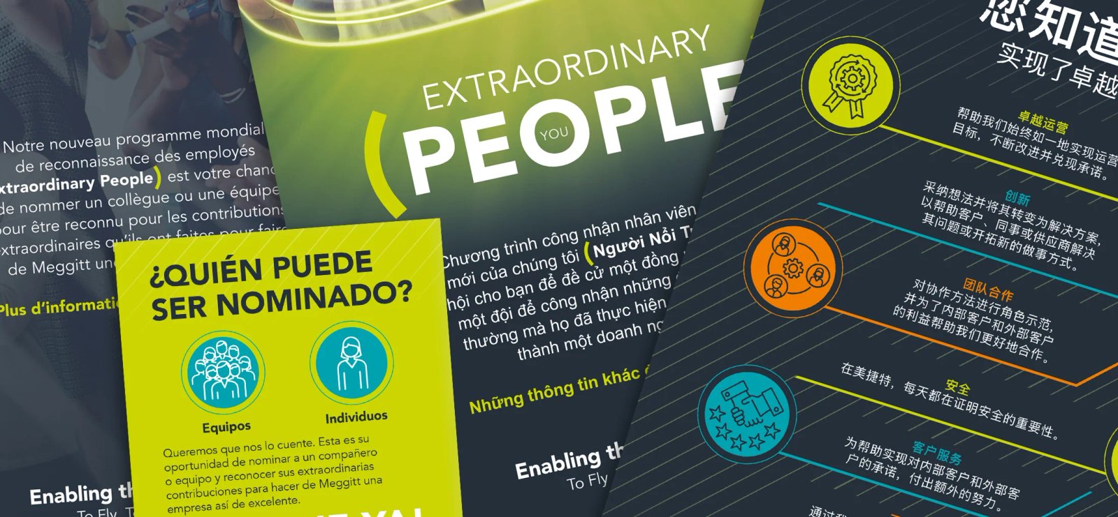 Overlapping Extraordinary People flyers translated into French, Spanish, Vietnamese and Chinese