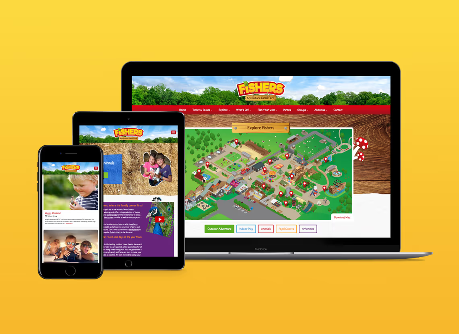The Fishers Farm website mocked up on tablet, desktop and mobile, on a yellow background