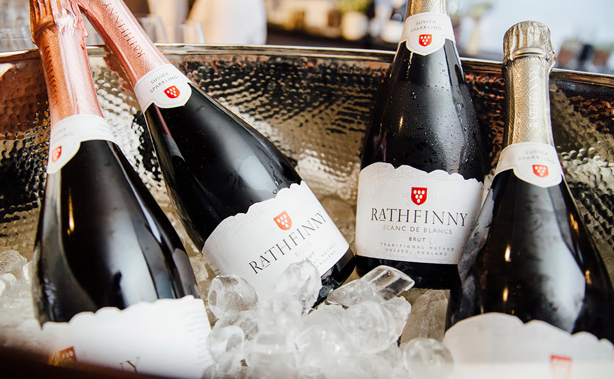 Rathfinny wine bottles in an ice bucket