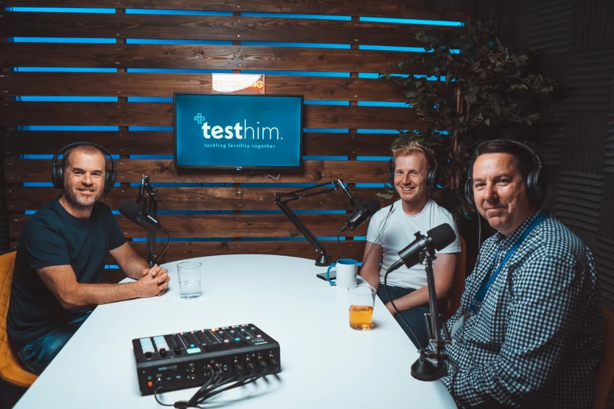 The members of Testhim in their podcast studio