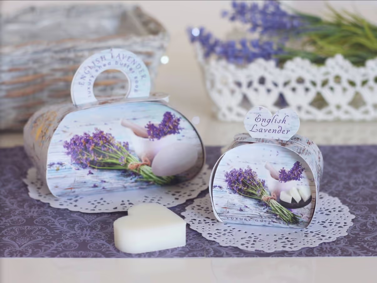 Soap packaging and a heart-shaped bar of soap