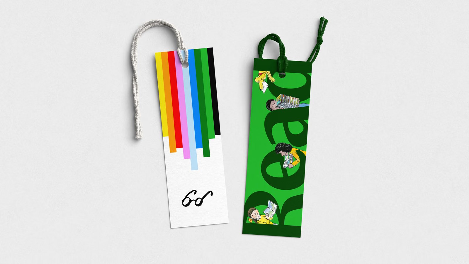 Two branded bookmarks featuring Alex Brychta's signature and illustrated characters with the word 'Read'