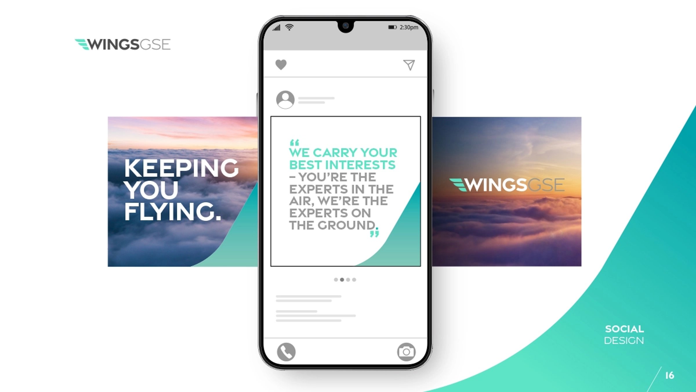 A mobile phone showing various Wings GSE screens