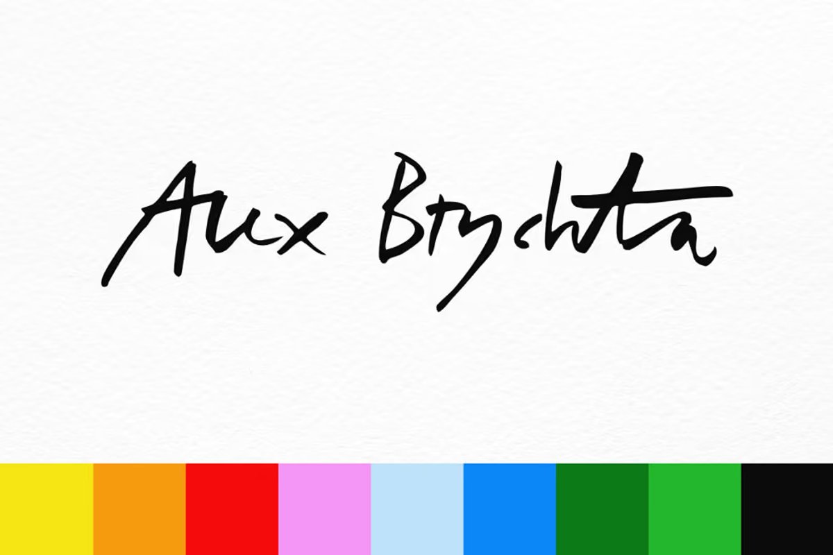 Alex Brychta signature logo in black script above a colourful brand palette strip